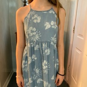 Blue floral halter dress.